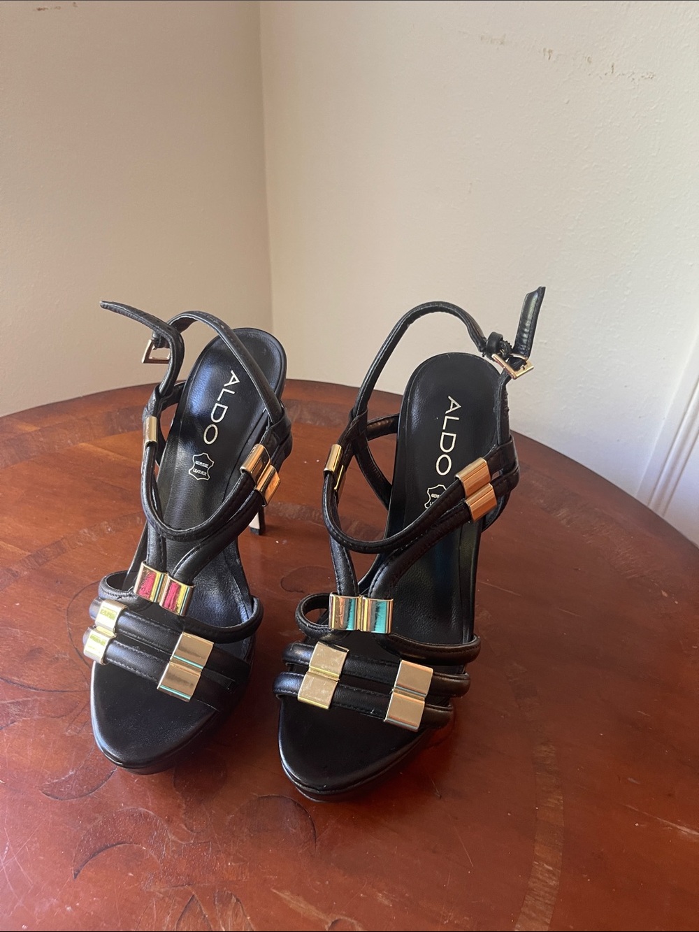 ALDO Black Heeled Strappy Sandals with Gold Accents